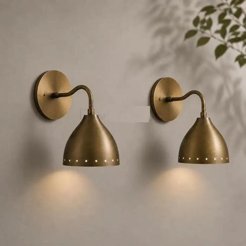 Mid Century Modern Brass Wall Sconces Set of 2, brass wall light fixtures with unique shade design for bedroom or living room.