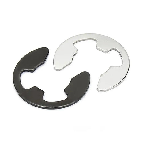 Check Out These Super Cool 65Mn Black Steel E-Clip Circlips In 10 To 100 Pack Sizes, black and silver steel clips for shaft retaining.