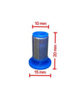 Anti Drip Top Hat Mesh Filter 50 Mesh For High Pressure Sprayers, blue top hat, 20mm tall by 9mm diameter, metal mesh visible.