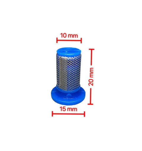 Anti Drip Top Hat Mesh Filter 50 Mesh For High Pressure Sprayers, blue top hat, 20mm tall by 9mm diameter, metal mesh visible.