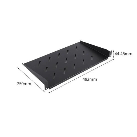 Heavy Duty Vented Cantilever Tray For 1U Rack Mount Server Shelf, 482mm x 250mm, black steel, designed for rack installation.
