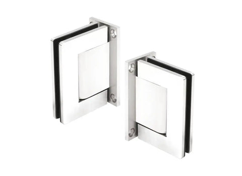 Heavy Duty Self Closing Hydraulic Glass Door Hinges Wall Mounted Pair With Hold Open Mode, polished stainless steel.