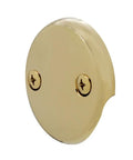 Close-up of Top Tier Universal Bathtub Drain Plug Set Featuring Slick Polished Brass Finish faceplate with two screws.