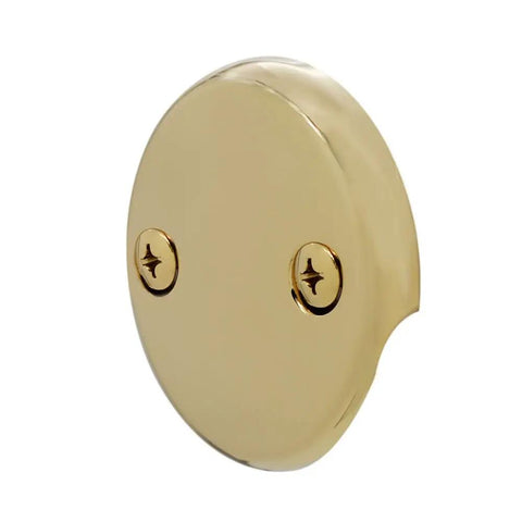 Close-up of Top Tier Universal Bathtub Drain Plug Set Featuring Slick Polished Brass Finish faceplate with two screws.