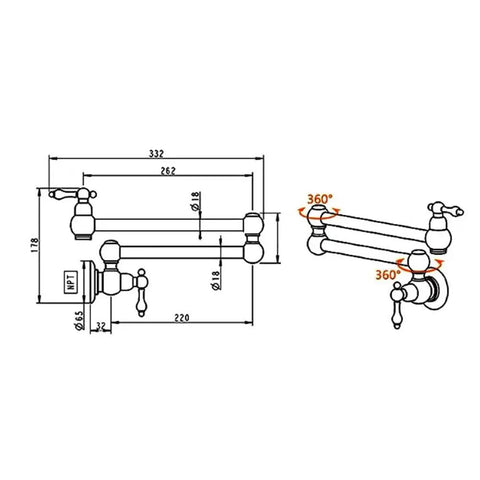ZBSAVFM Foldable Wall Mount Kitchen Faucet Brass Construction 720° Rotating Extendable Design Easy Installation Over Stove Perfect for Sink Use dimensions and design layout.
