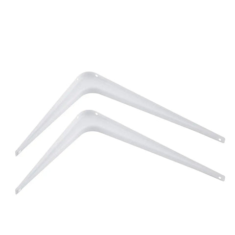 White Powder Coated Shelf Brackets Set 10 Inch By 12 Inch Four Pack Heavy Duty Wall Mount Brackets side view with pre-drilled holes