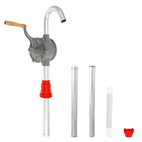 Heavy Duty Hand Crank Barrel Pump For 55 Gallon Drums Oil Diesel Transfer Manual Suction Pump Accessory with aluminum and red components.
