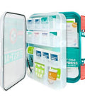 Be Smart Get Prepared Teal First Aid Kit, front view open case showing organized supplies