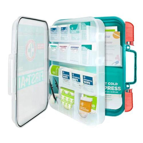 Be Smart Get Prepared Teal First Aid Kit, front view open case showing organized supplies