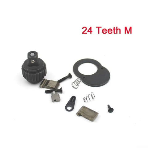 24 Tooth Ratchet Wrench Repair Kit For 1/4, 3/8, And 1/2 Inch Drive Sockets With Chrome Plated Reversible Handle parts displayed