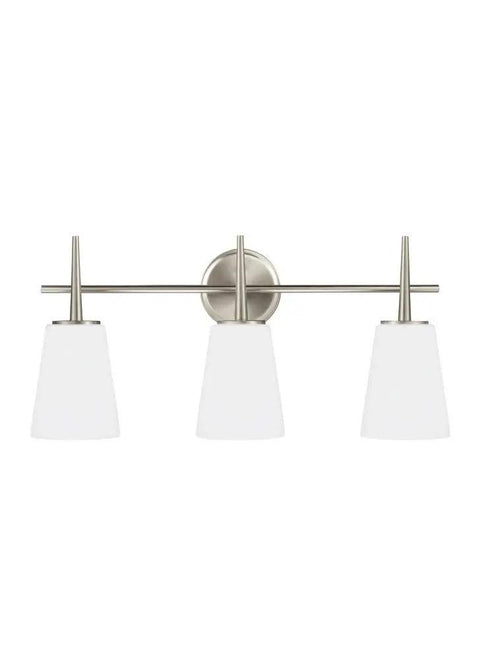 Driscoll Three Light Vanity Wall And Bath Fixture In Brushed Nickel with white glass shades