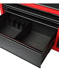 Beefy 52 Inch Mobile Workbench With 11 Soft Close Rollout Drawers And Thick Hardwood Counter Top For Ultimate Garage Tool Organizing And Job Site Rig Upgrades, open soft close drawer view.