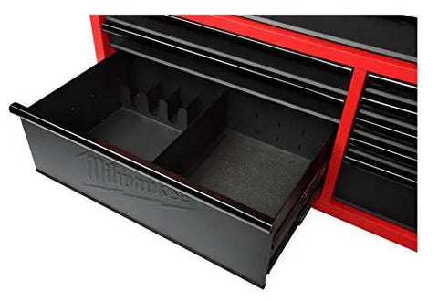 Beefy 52 Inch Mobile Workbench With 11 Soft Close Rollout Drawers And Thick Hardwood Counter Top For Ultimate Garage Tool Organizing And Job Site Rig Upgrades, open soft close drawer view.
