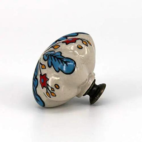Snazzy Vintage Ceramic Door Knobs With Handpainted Blue Leaf And Bright Red Flower Pattern For Cabinet Drawers Closets And Custom Diy Wood Finish Projects, side view.