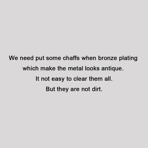 Text explaining bronze plating process with chaffs for antique look in the 100 Sets Bronze Ribbon Crimps Kit With Lobster Clasps And Chain Extenders.