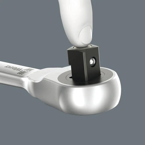 Close-up of push-through square drive on Zyklop Metric Ratchet Set With Push Through Square 28 Piece One Quarter Inch Drive Slim Metal Ratchet With Long Lever