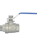 1/2 inch stainless ball valve with blue handle for water, oil, and gas applications, 304 SS, 1000WOG rated, PTFE seals by DAN SPEED