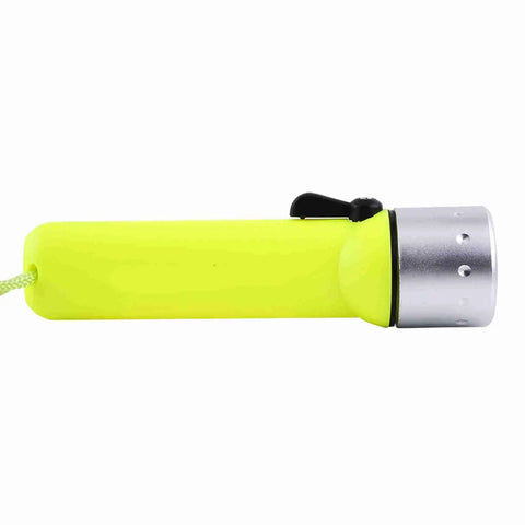 Side view of 180 Lumen LED Dive Flashlight with Fluorescent Green Body Submersible Underwater Torch, silver head, lanyard visible.