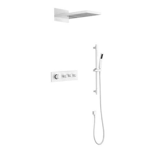 Wall Mounted Waterfall Shower System with Hand Shower in white, featuring a rain shower head and adjustable hand shower.