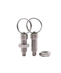 Rugged Stainless Steel Indexing Plunger With Smooth Grip Ring Handle And Retractable Pin for machine alignment, showing two plungers and a nut.