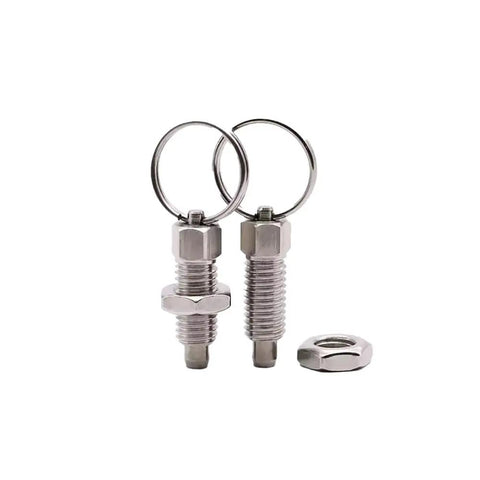 Rugged Stainless Steel Indexing Plunger With Smooth Grip Ring Handle And Retractable Pin for machine alignment, showing two plungers and a nut.