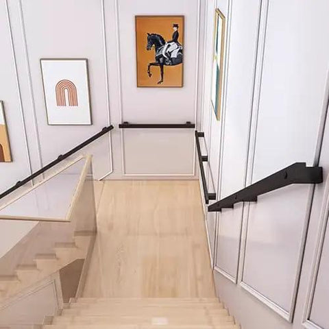 Built Like A Tank With Killer Grip Wall Mounted Stair Handrail Black Wrought Iron Square Tube Slip Resistant Grip Custom Sizes Indoor Outdoor Home Safety Sturdy Support For Hella Daily Reliable Use view from stairs with art on walls and railings.