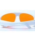 Premium Od5 Plus Laser Safety Glasses Featuring Snug Fit Frames Blocking Violet Blue And Green Beams From 266Nm Up To 540Nm CE EN207 Certified Work Ready Protective Goggles with orange lenses and white frame.