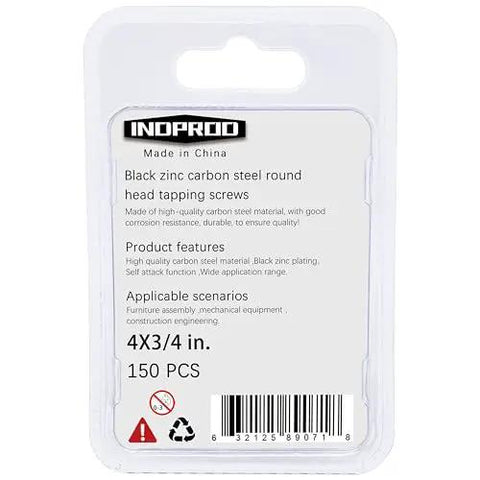 Packaging of Heavy Duty No 4 Wood Screws Three Quarters Inch Black Zinc Plated Carbon Steel Phillips Pan Head Self Tapping Full Thread 150 Pieces For Woodworking Projects Indoor Outdoor Use