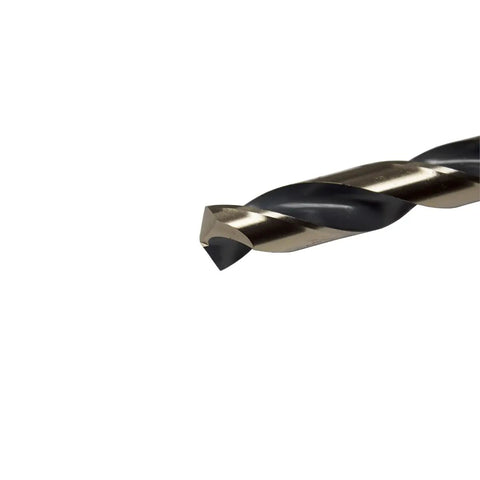 Knockout 29 Piece Drill Bit Set Featuring Jobber Length 135 Degree Split Point Tips With Black And Gold Titanium Coating close-up of bit