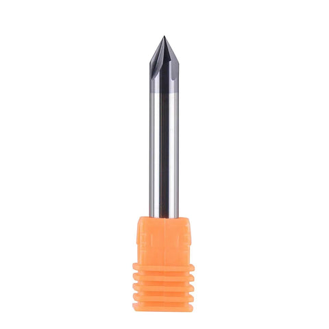 No Nonsense 5 Piece 60 Degree V Bit Bundle With A Quarter Inch Shank Four Fluted Carbide Milling Cutters Featuring Titanium Coating For Crushing Hardwood Projects And Clean V Groove Chamfer Work - close up of a single 60 degree V bit