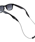 Black sunglasses with Monoz Adjustable Eyewear Retainer With Monofilament Like Line Off The Neck 14 Inch Non Conductive.