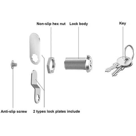Top Shelf 2 Pack Keyed Alike Cam Locks One Eighth Inch Zinc Alloy Cabinet Hardware For Toolboxes Desks And Mailboxes parts including lock body and keys.