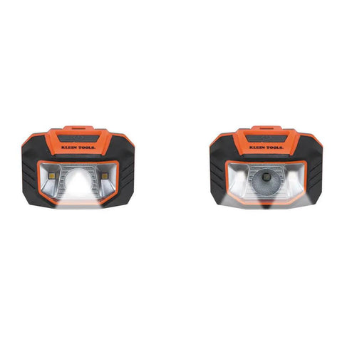 Front and rear view of Hard Hat Headlamp with 45 Degree Tilt and Dual LED Flood and Spot Beams, showing battery compartment and design.