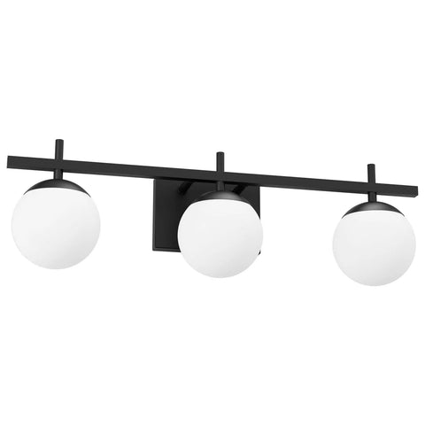 Dope Mid Century Modern Bathroom Vanity Lights Matte Black With Milky Glass Over Mirror Three Light Wall Sconce, front view