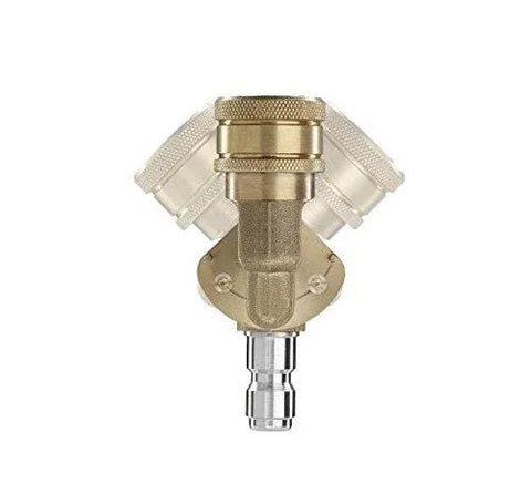 Front view of brass Thunder Hardware pivoting quick-connect nozzle coupler for 1/4 in pressure washer hose