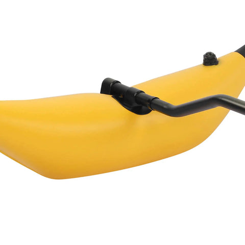 Close-up of yellow inflatable kayak outrigger stabilizer arm and bracket attachment on boat for added balance.