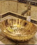 HM HomeMieco 16" Gold Bathroom Vessel Sink Combo with textured finish and stylish faucet in modern bathroom setting.