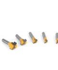 Premium 5 Piece Keyhole Router Bit Set With Hardened Carbide Cutters showcasing five bits for perfect screw slot cuts.