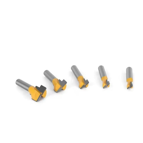 Premium 5 Piece Keyhole Router Bit Set With Hardened Carbide Cutters showcasing five bits for perfect screw slot cuts.
