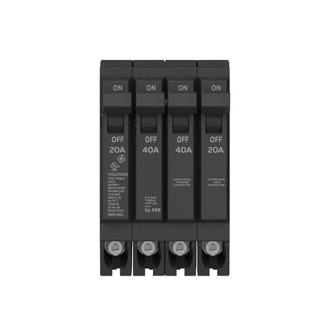 Front view of quad circuit breaker single unit 20A/1P + 40A/2P + 20A/1P, 120/240 VAC, 10 kAIC, plug-in mount
