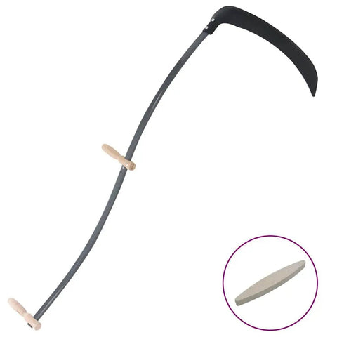 No Fuss Yard Work With A Scythe Featuring Grinding Stone Durable Steel Blade And Wooden Grips 57.1 Inch Snath For Smooth Cuts And Easy Garden Chores Today, shown with separate grinding stone