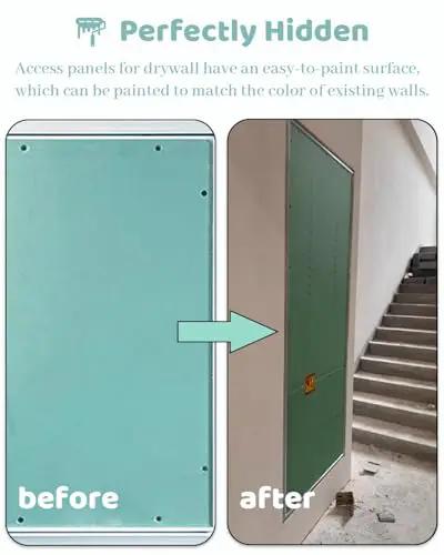 Slick Paintable Large Access Panel For Drywall Hidden Plumbing Inspection Door Aluminum Frame And Gypsum Panel Flush Seamless Finish shown before and after painting.
