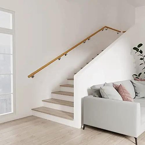Premium Solid Oak Wall Mounted Stair Handrail With Kickass Heavy Duty Metal Brackets No Sweat Hassle Free Setup Smooth Modern Design in bright interior.