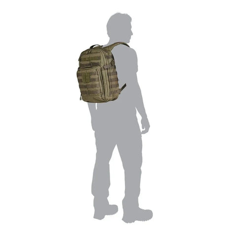 Silhouette wearing RUSH 12 2.0 Tactical Backpack With Laptop Compartment And 24L Capacity Everyday Carry Molle Pack For Travel Work Hiking Black Style 56561ABR For Commuting And Tech Gear Durable Build Rain Resistant Shell
