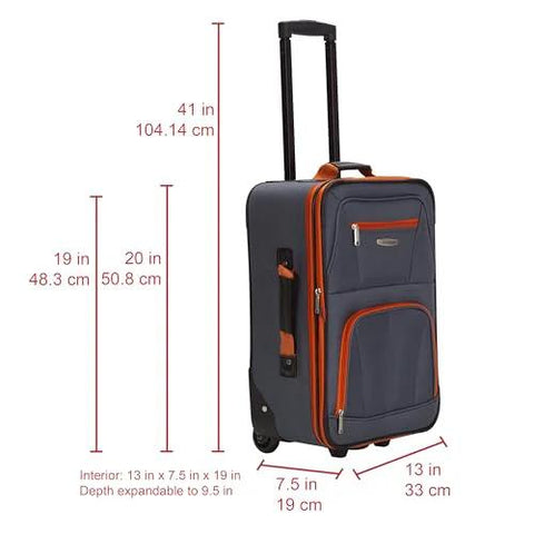 Rockland Fashion expandable softside upright luggage in charcoal with orange zipper accents, telescoping handle and wheels.