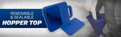 Top Shelf 2 Gallon Hopper Gun Paint Sprayer Featuring Slick Adjustable Nozzle And Quick 45 Degree Angle Adapter Soft Grip Trigger Smooth Flat Texturing For Drywall And Interior Floors removable and sealable hopper top in blue with user pouring paint.