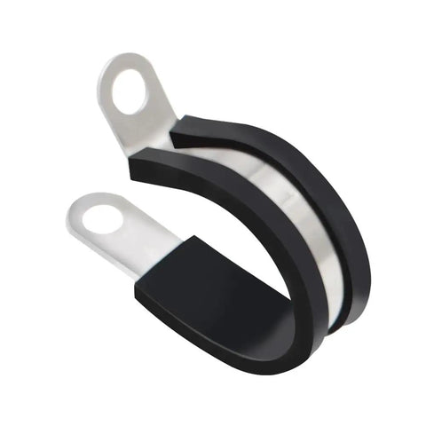 Rugged Heavy Duty 1 Inch Insulated Cable Clamps Kit Ten Pieces Stainless Steel Rust Resistant close-up view.