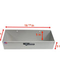 Six Bottle Oil Shelf Caddy For Trailer And Garage Aluminum Enclosed Storage Organizer Holds Six Quarts Of Automotive Engine Oil Made In USA With Pre Drilled Mounting Holes And Hardware Included, showing dimensions.