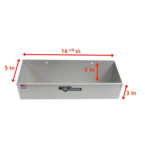 Six Bottle Oil Shelf Caddy For Trailer And Garage Aluminum Enclosed Storage Organizer Holds Six Quarts Of Automotive Engine Oil Made In USA With Pre Drilled Mounting Holes And Hardware Included, showing dimensions.