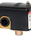 Merrill MPS4060 pressure switch, front view, black metal housing with brass 1/4" NPT port.
